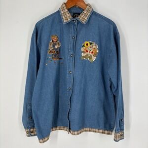 Lighthouse Apparel Vintage Denim Scarecrow Plaid Trim Button Down Shirt XL Blue